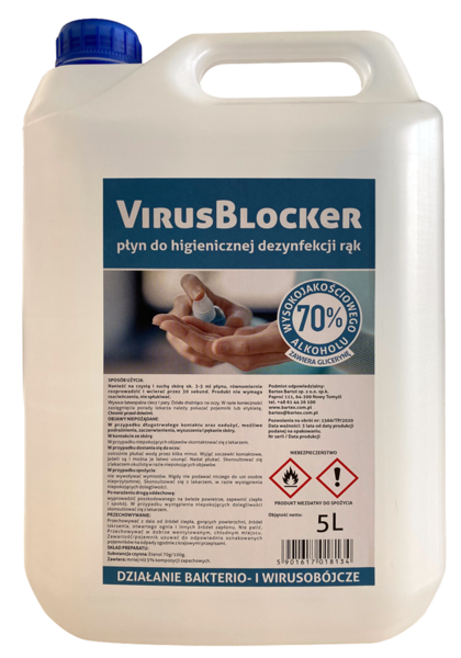 VirusBlocker 5L Płyn do higienicznej dezynfekcji rąk o działaniu bakterio i wirusobójczym (zawiera glicerynę)
