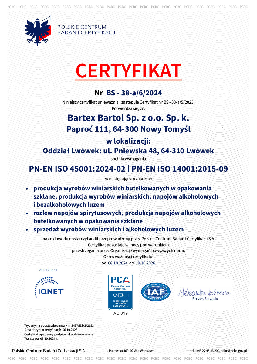 CERTYFIKAT JAKOŚCI BARTEX BARTOL