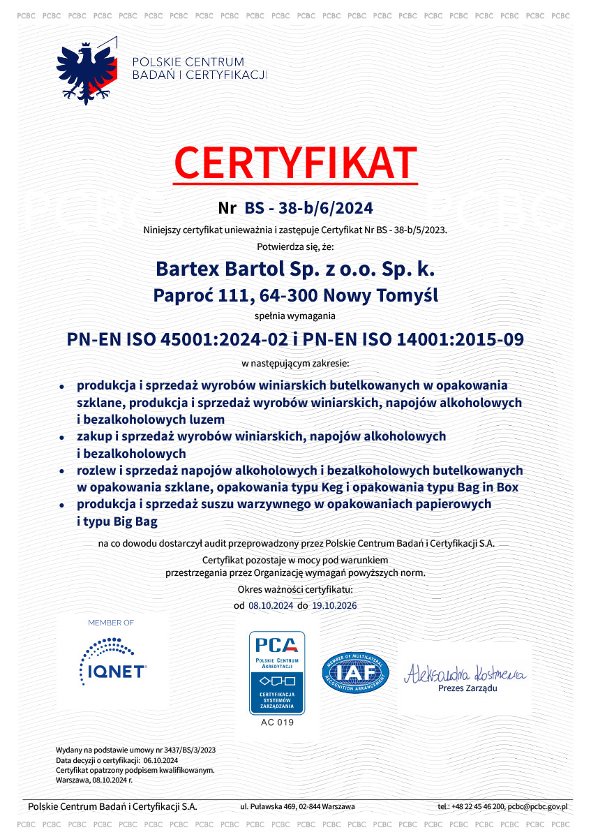 CERTYFIKAT JAKOŚCI BARTEX BARTOL