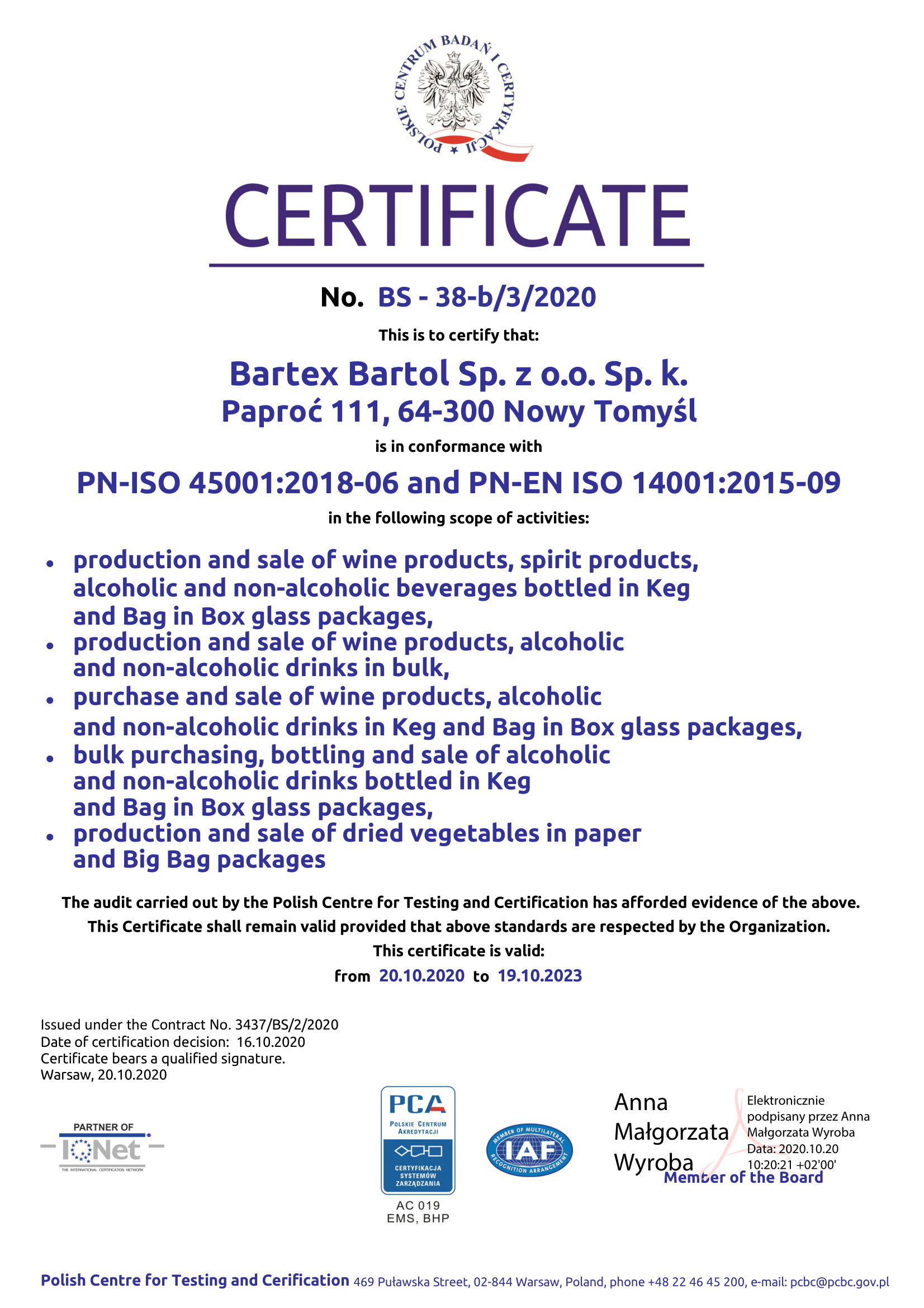 CERTYFIKAT PN-ISO 45001:2018-06 and PN-EN ISO 14001:2015-09